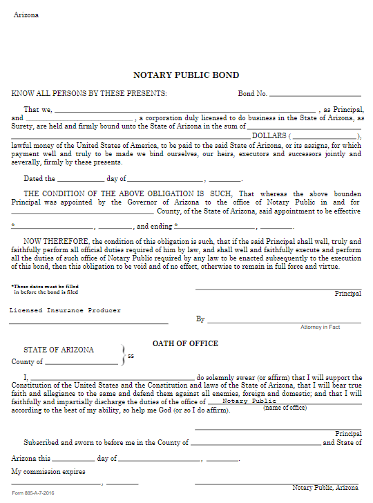 Arizona Notary Public Bond Form