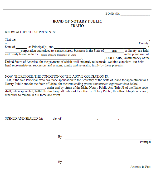 Idaho Notary Public Bond Form