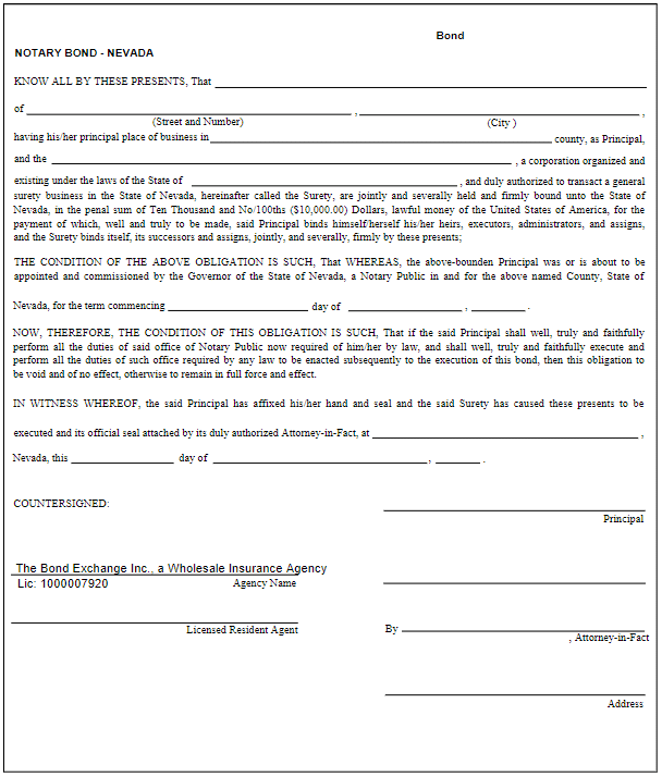 Nevada Notary Public Bond Form