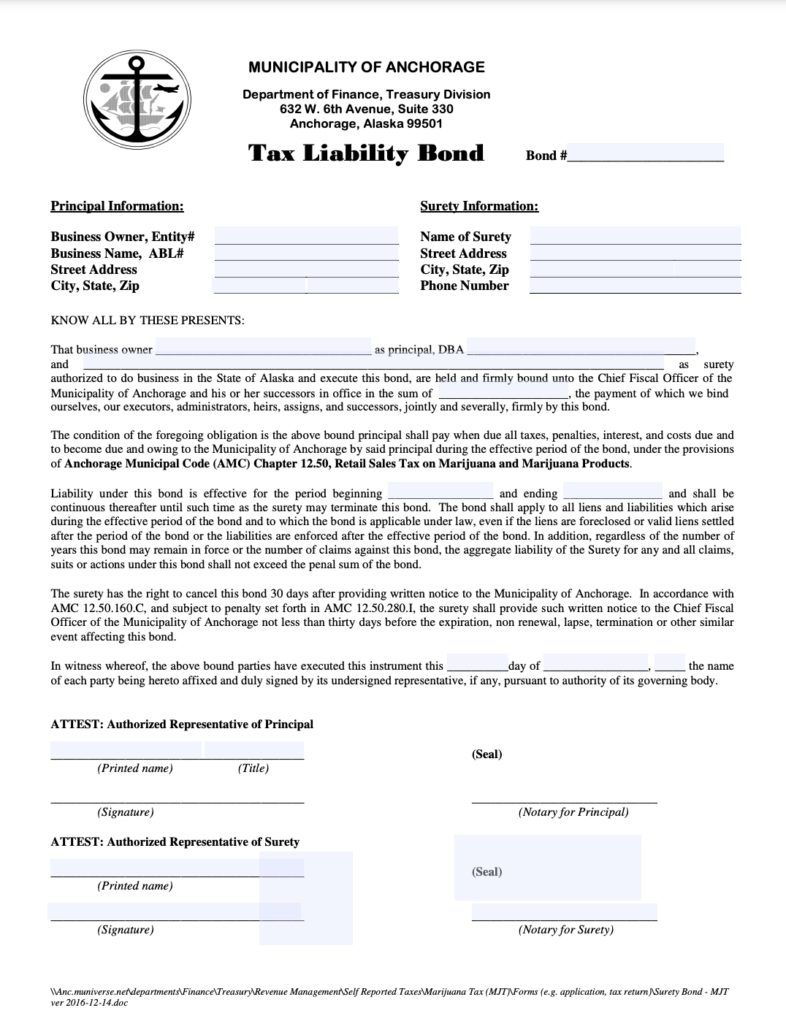 Anchorage Marijuana Tax Liability Bond Form