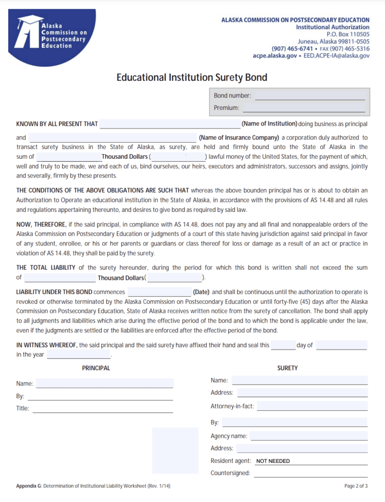 Alaska Educational Institution Surety Bond Form