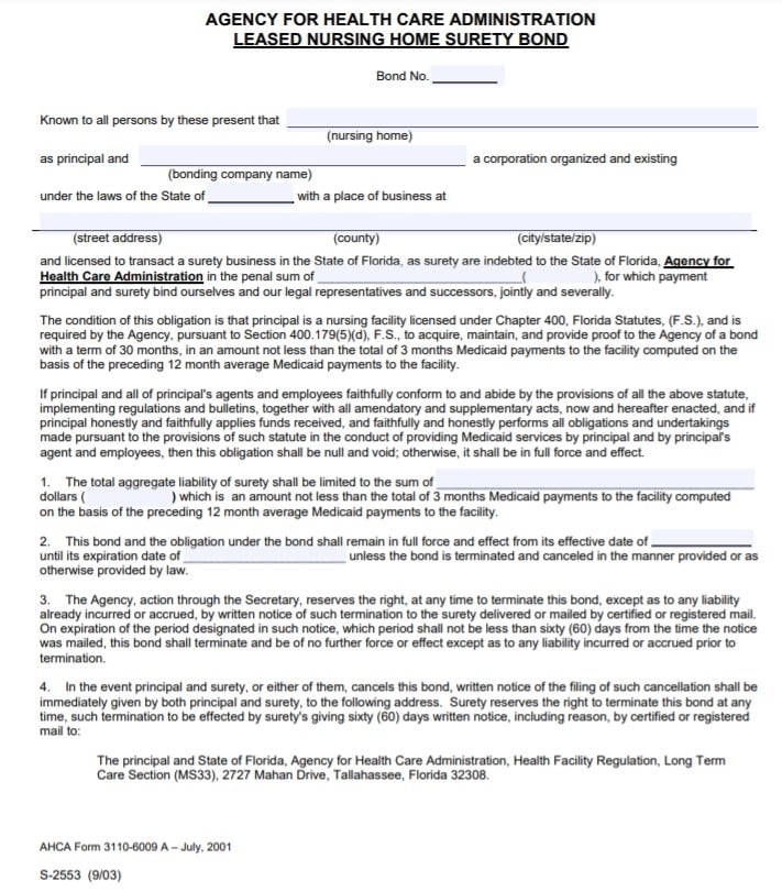 Florida Leased Nursing Home Bond Form