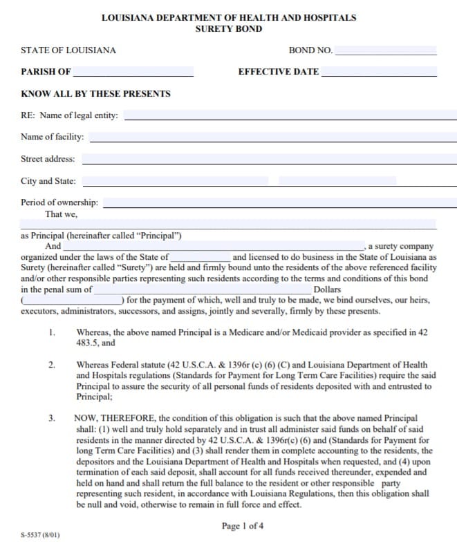 Louisiana Nursing Home Bond Form