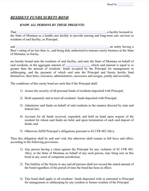 Montana Nursing Home Bond Form