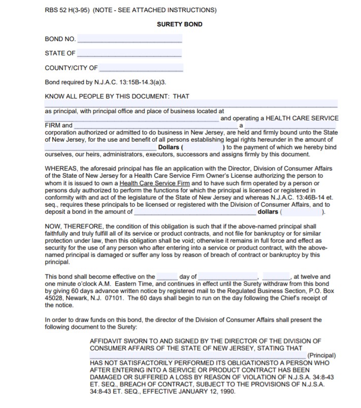 New Jersey Health Care Service Firm Bond Form