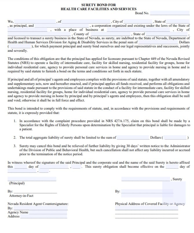 Nevada Health Care Facility Bond Form