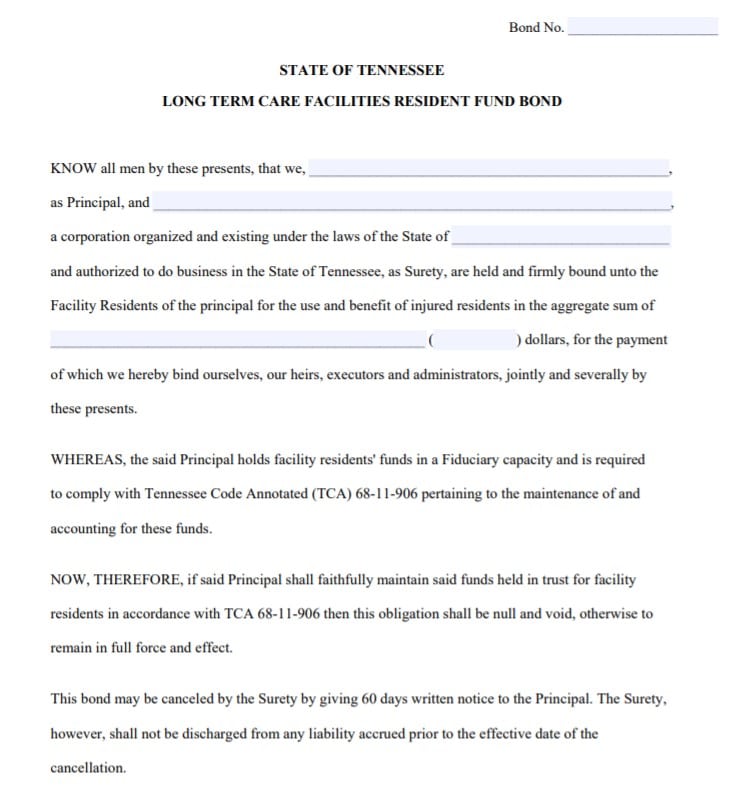 Tennessee Nursing Home Bond Form