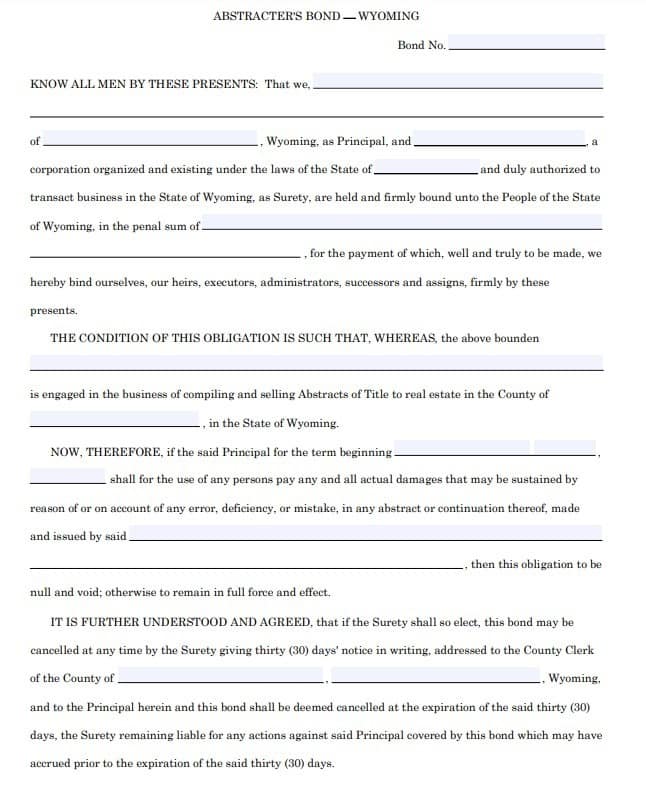 Wyoming Abstractor Bond Form