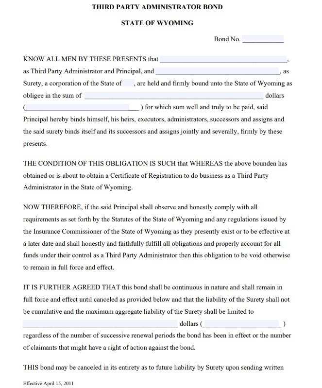 Wyoming Third Party Administrator Bond Form