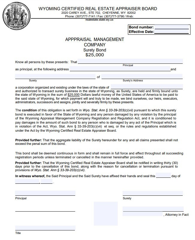 Wyoming Appraisal Management Company Bond Form