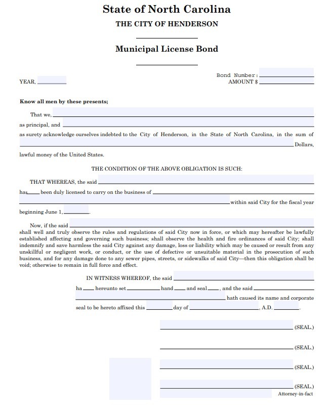 Henderson Municipal License Bond Form