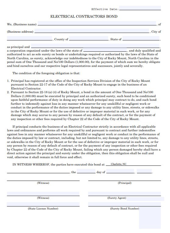 Rocky Mount Electrical Contractor Bond Form