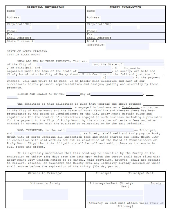 Rocky Mount Insulation Contractor Bond Form