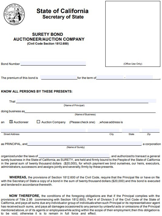 California Auctioneer Bond Form