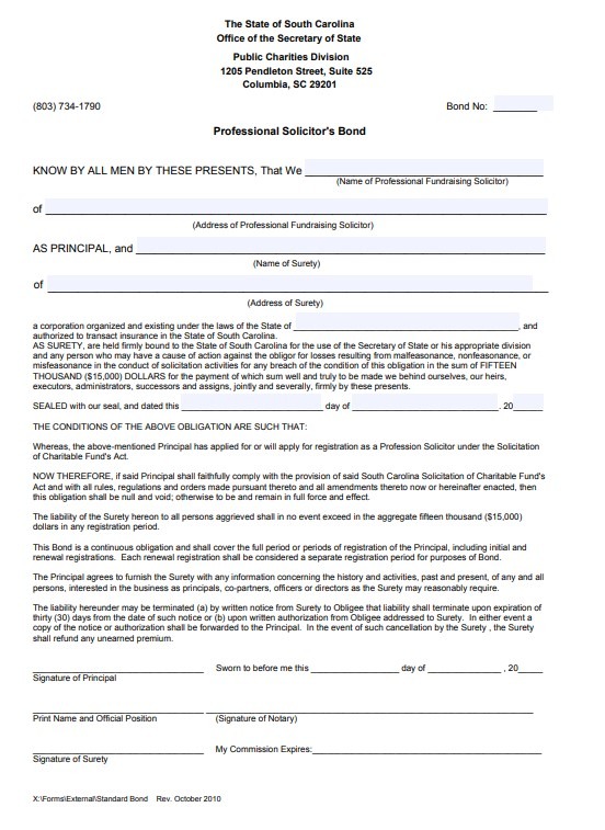 South Carolina Professional Solicitor Bond Form