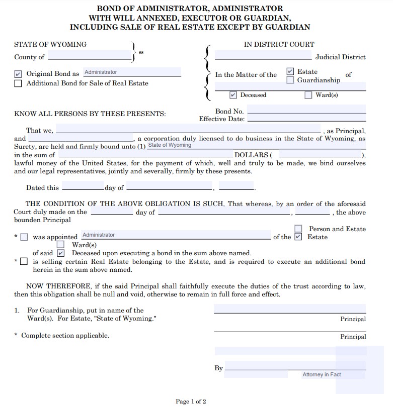 Wyoming Personal Representative Bond Form