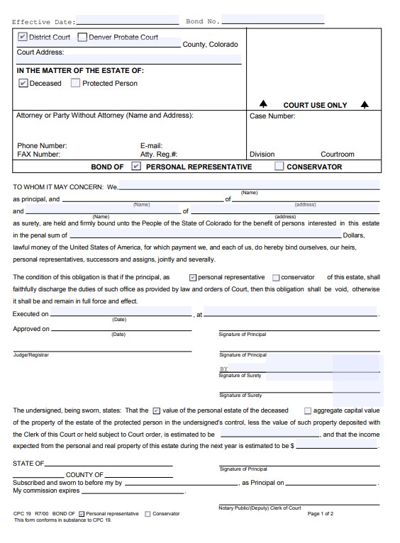 Colorado Personal Representative Bond Form