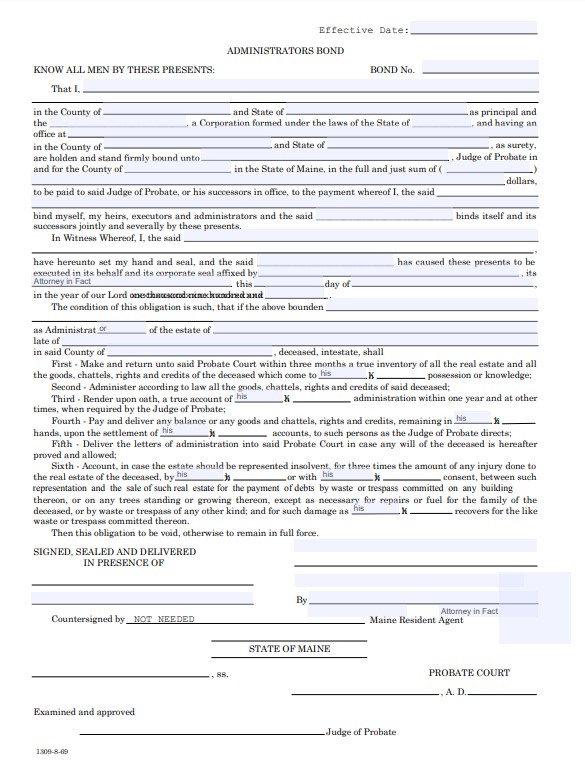 Maine Personal Representative Bond Form