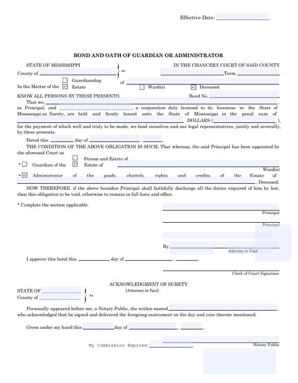 Mississippi Executor Bond Form