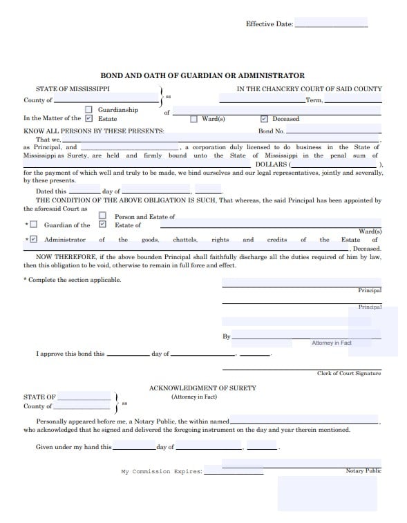 Mississippi Executor Bond Form