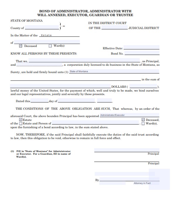 Montana Personal Representative Bond Form
