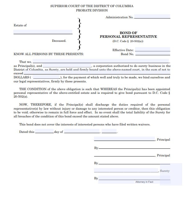 DC Personal Representative Bond Form