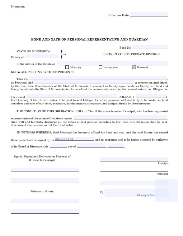 Minnesota Personal Representative Bond Form