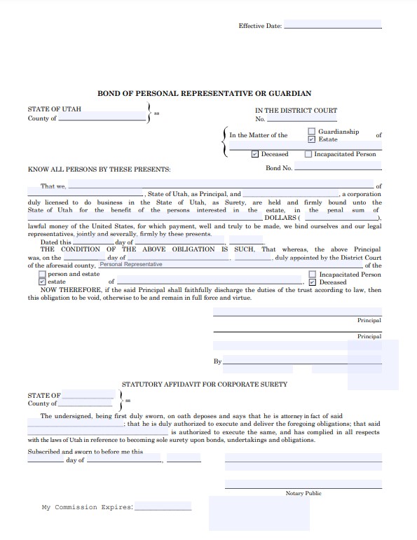 Utah Personal Representative Bond Form