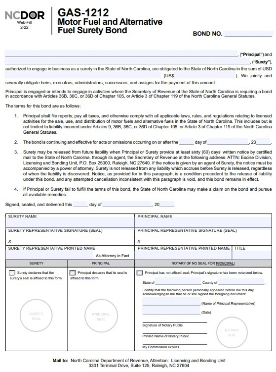 North Carolina Motor Fuels Tax Bond Form
