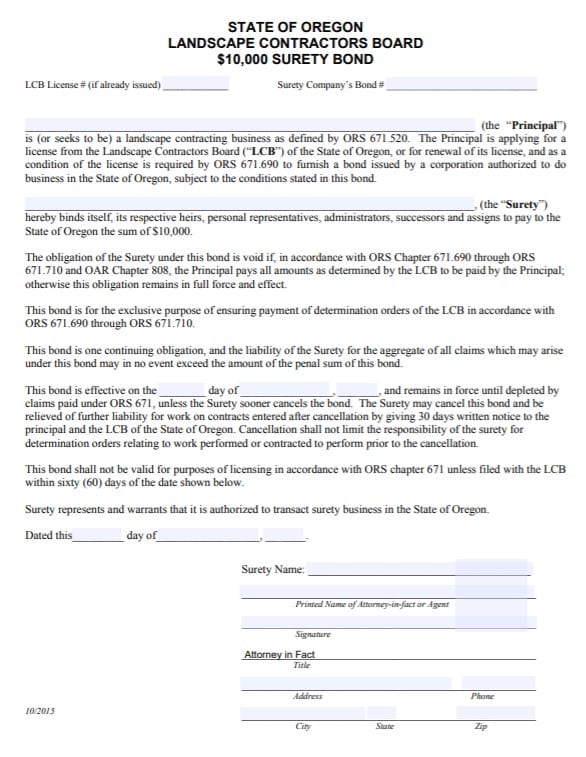 ,000 Oregon Landscape Contractor Bond Form