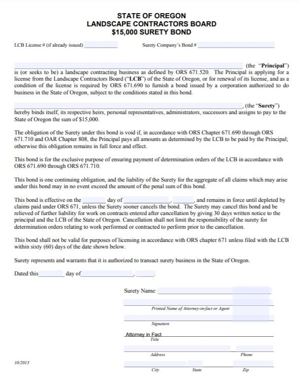 ,000 Oregon Landscape Contractor Bond Form