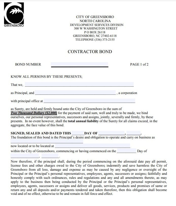 ,000 Greensboro Contractor Bond Form