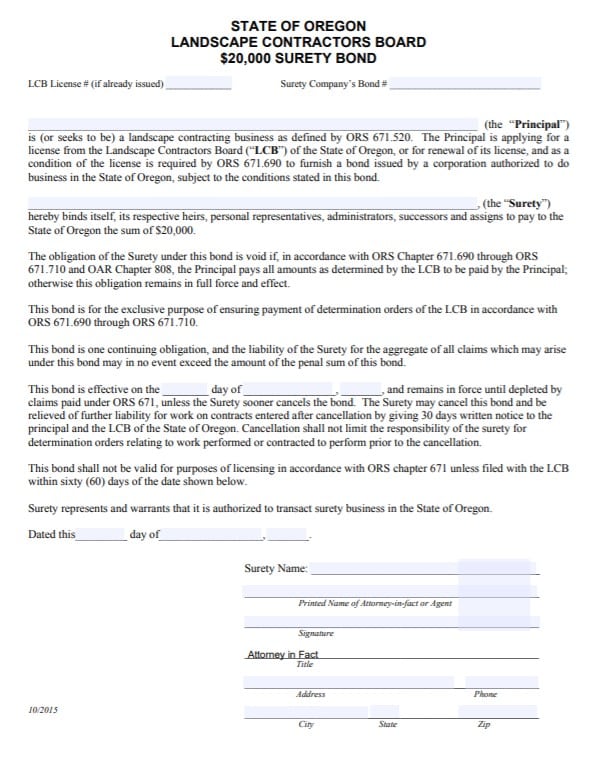 ,000 Oregon Landscape Contractor Bond Form