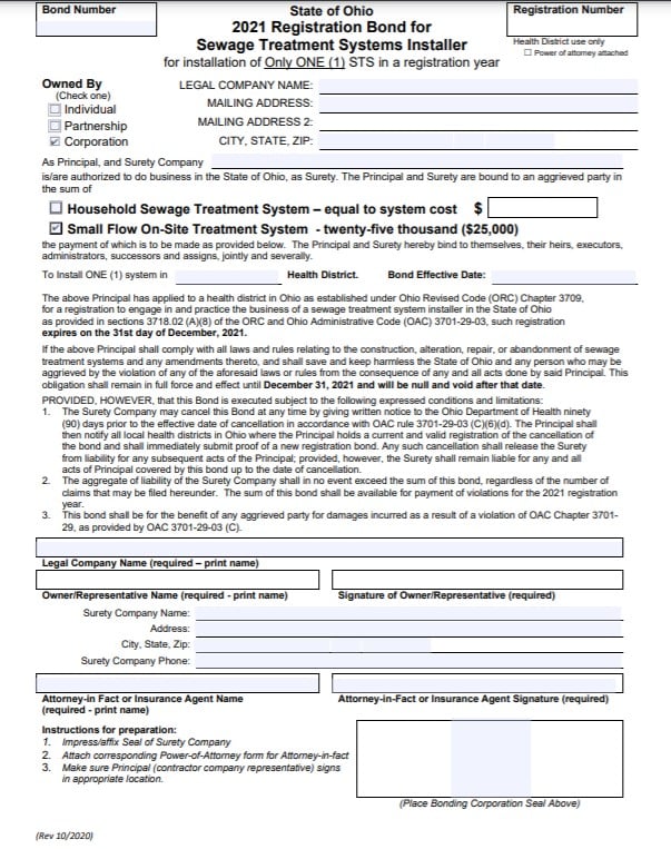 Ohio Sewage Treatment System Installer Bond Form