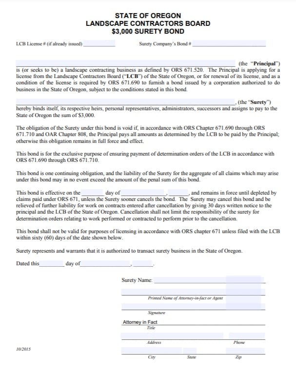 ,000 Oregon Landscape Contractor Bond Form