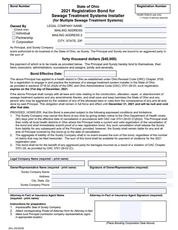 Ohio Sewage Treatment System Installer Bond Form