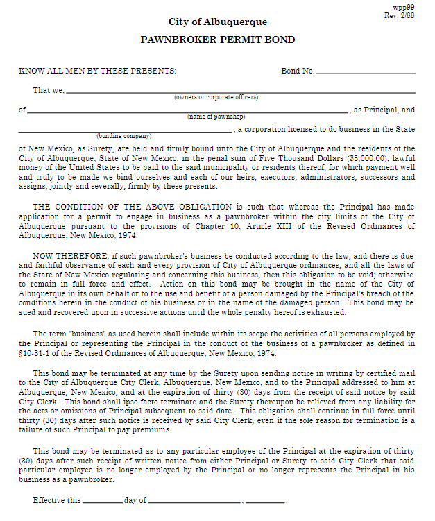 Albuquerque Pawnbroker Bond Form