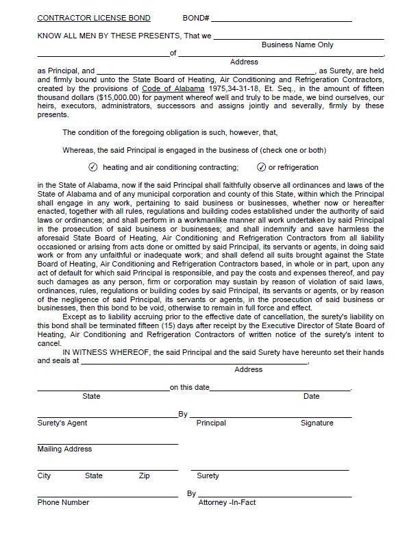 Alabama hvac contractor bond form