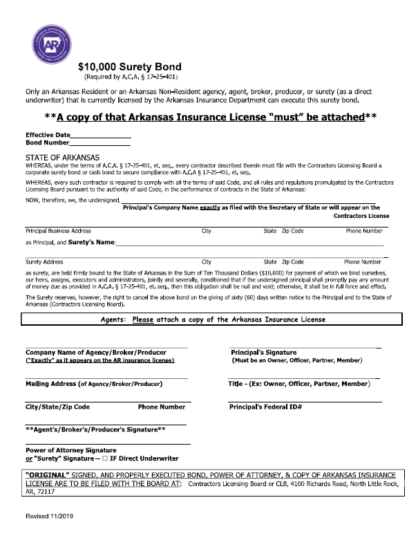 Arkansas commercial contractor bond form