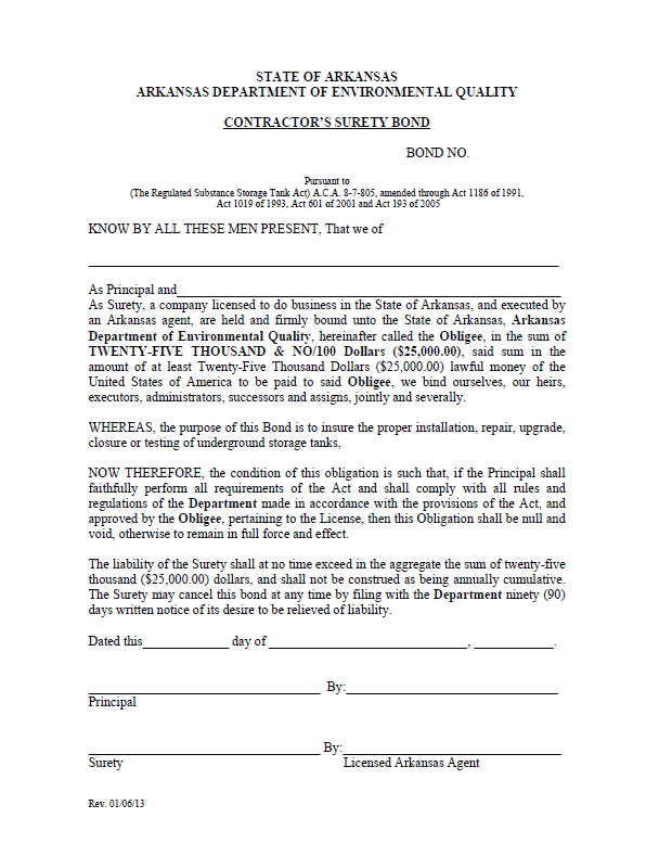 Arkansas Underground Storage Tank Contractor Bond Form