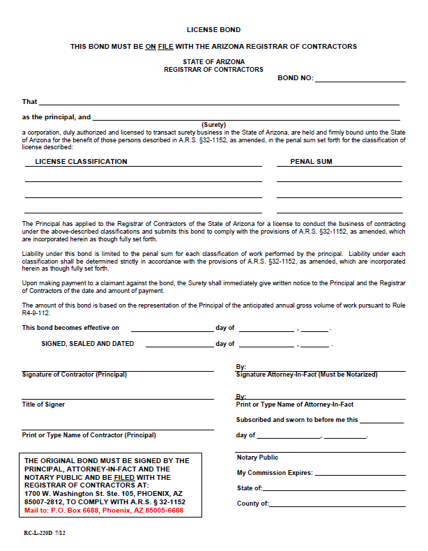 Arizona contractor license bond form