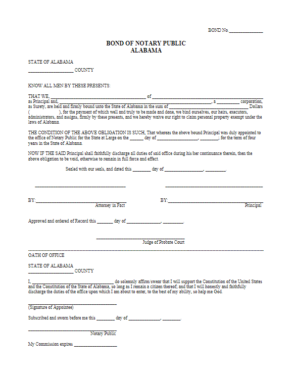 Alabama Notary Public Bond Form