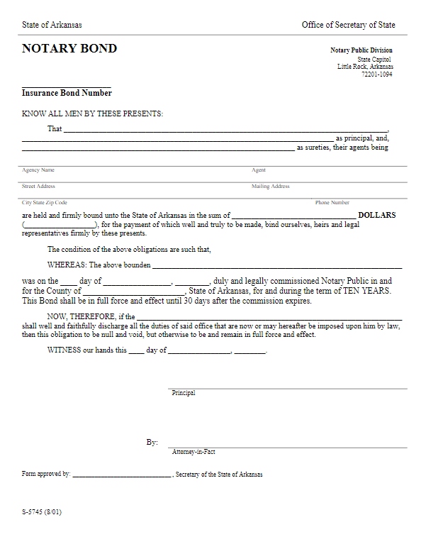 Arkansas Notary Public Bond Form