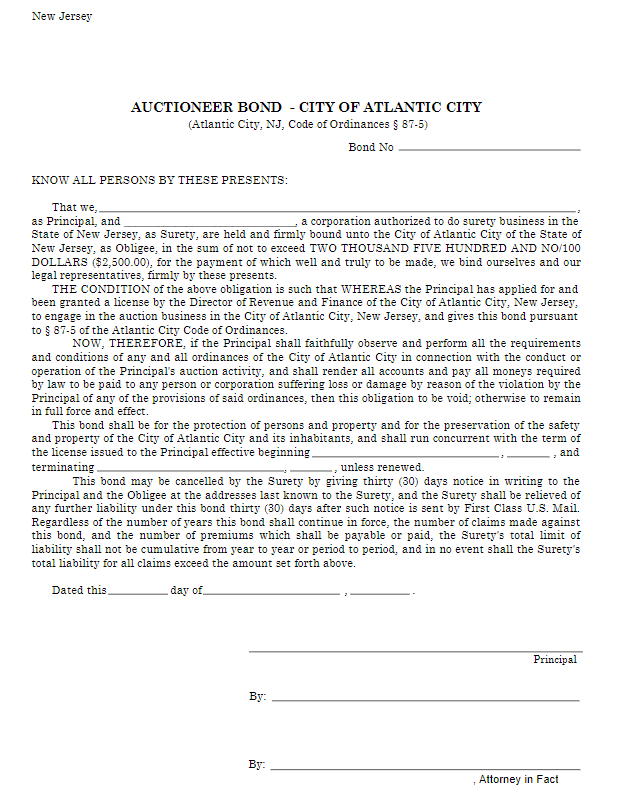 Atlantic City Auctioneer Bond Form