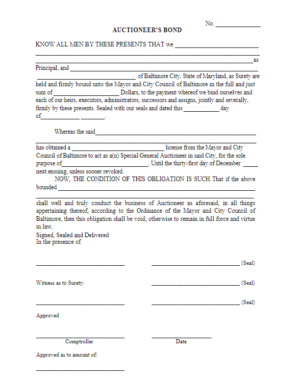 Baltimore City Auctioneer Bond Form