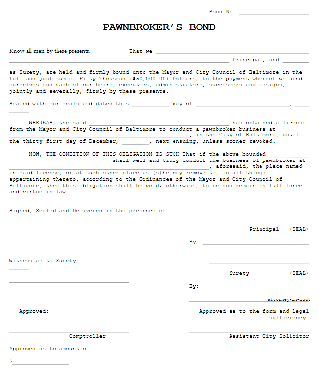 Baltimore Pawnbroker Bond Form