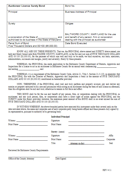 Baltimore County Auctioneer Bond Form