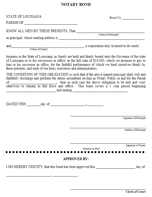 Louisiana Notary Public Bond Form