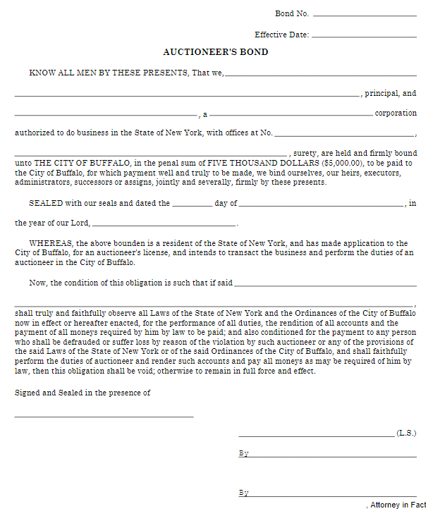 Buffalo Auctioneer Bond Form