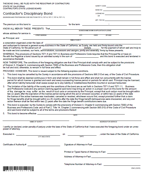 California contractor disciplinary bond form